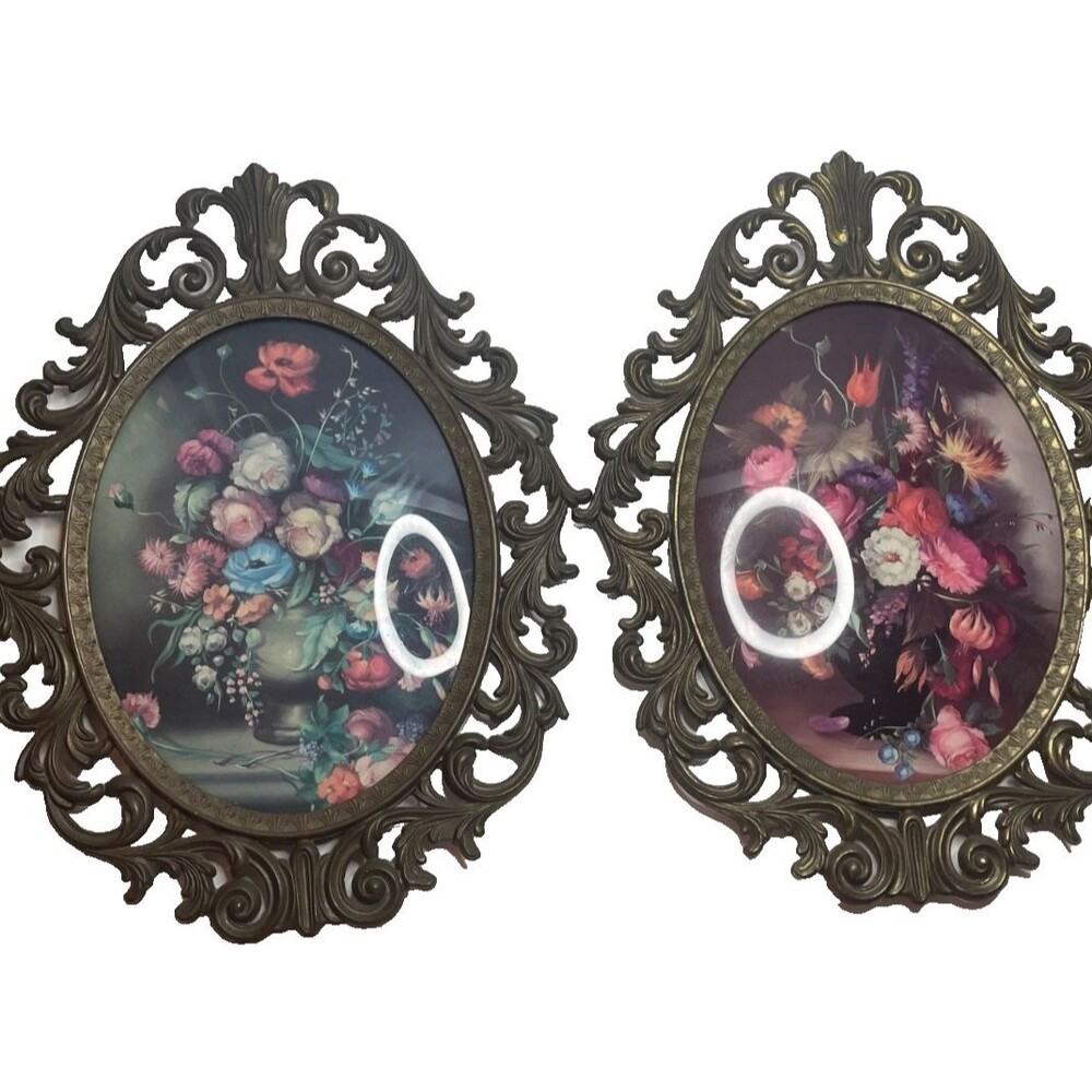 Vintage Italian Oval Brass Wall Art ornate Floral Design Convex Glass Set Of 2